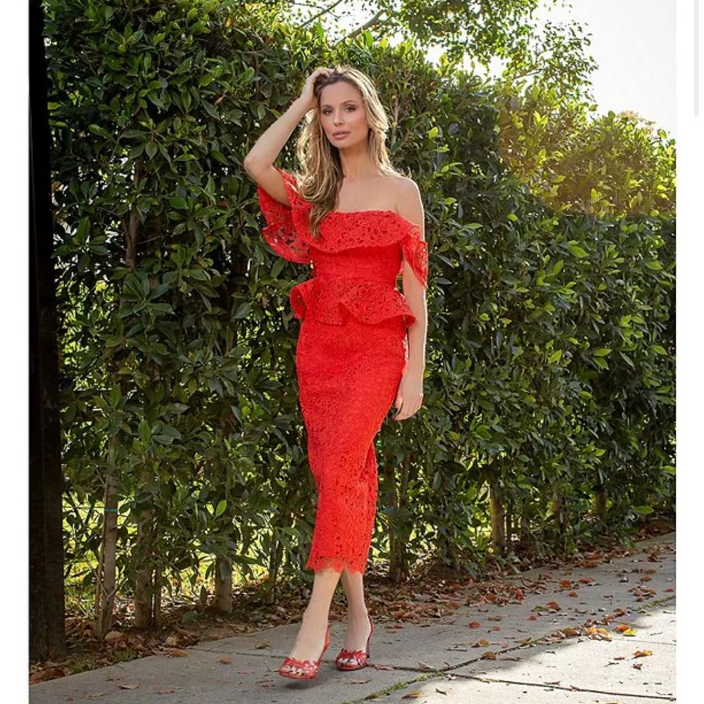 NWT Muse by Marchesa Amaryllis Lace Off-The-Shoulder Midi Dress Sz 14 - Picture 3 of 11